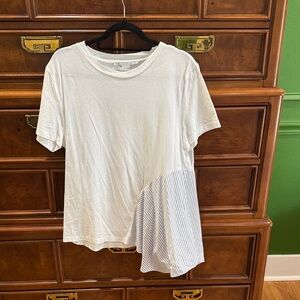 Stella McCartney White Short-Sleeve Tee with Blue Striped Pleat